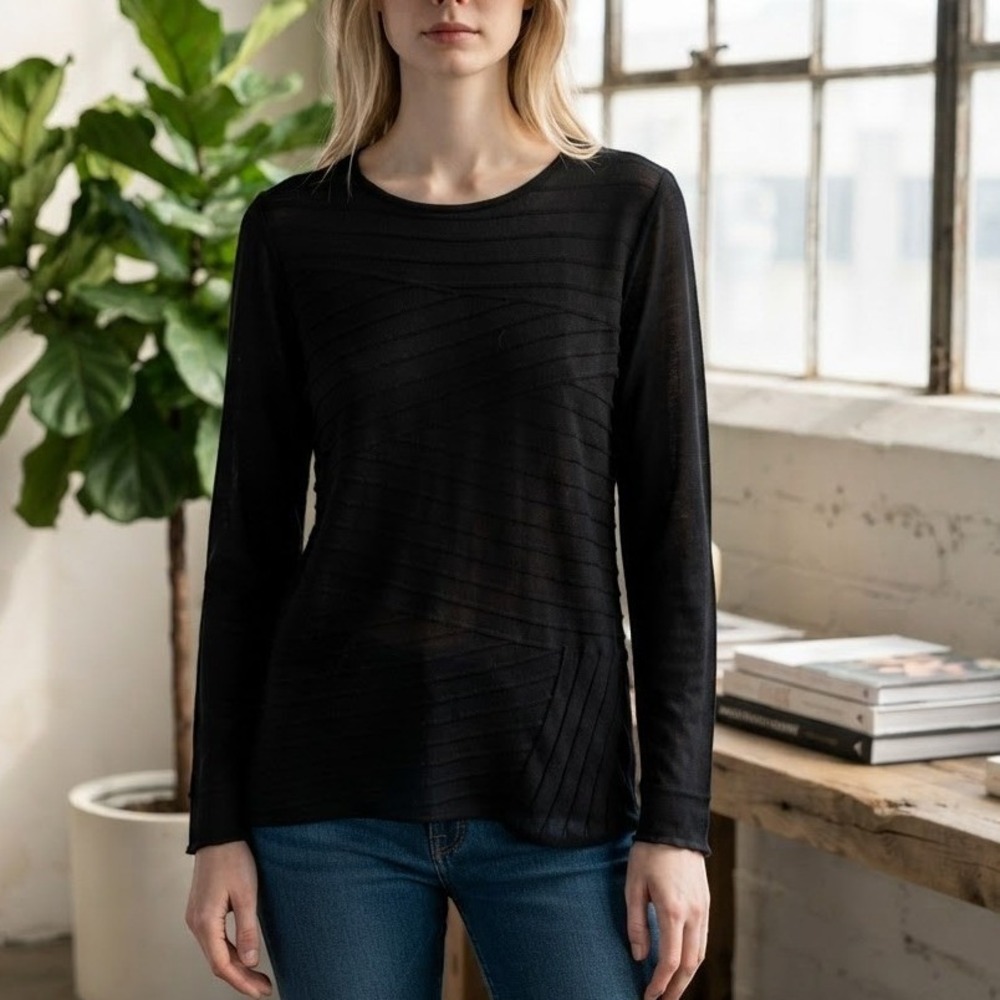 Lafayette 148 Black Sheer Knit Long Sleeve Top Goth Witchy Minimalist Size M